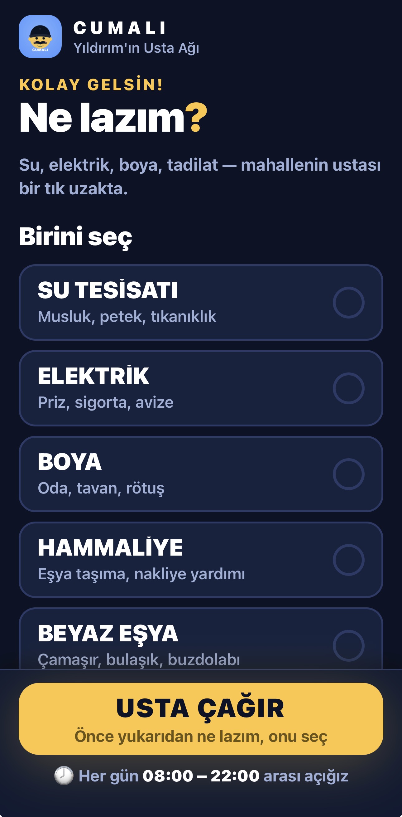 Cumali uygulamasının 'Ne lazım?' kategori seçme ekranı
