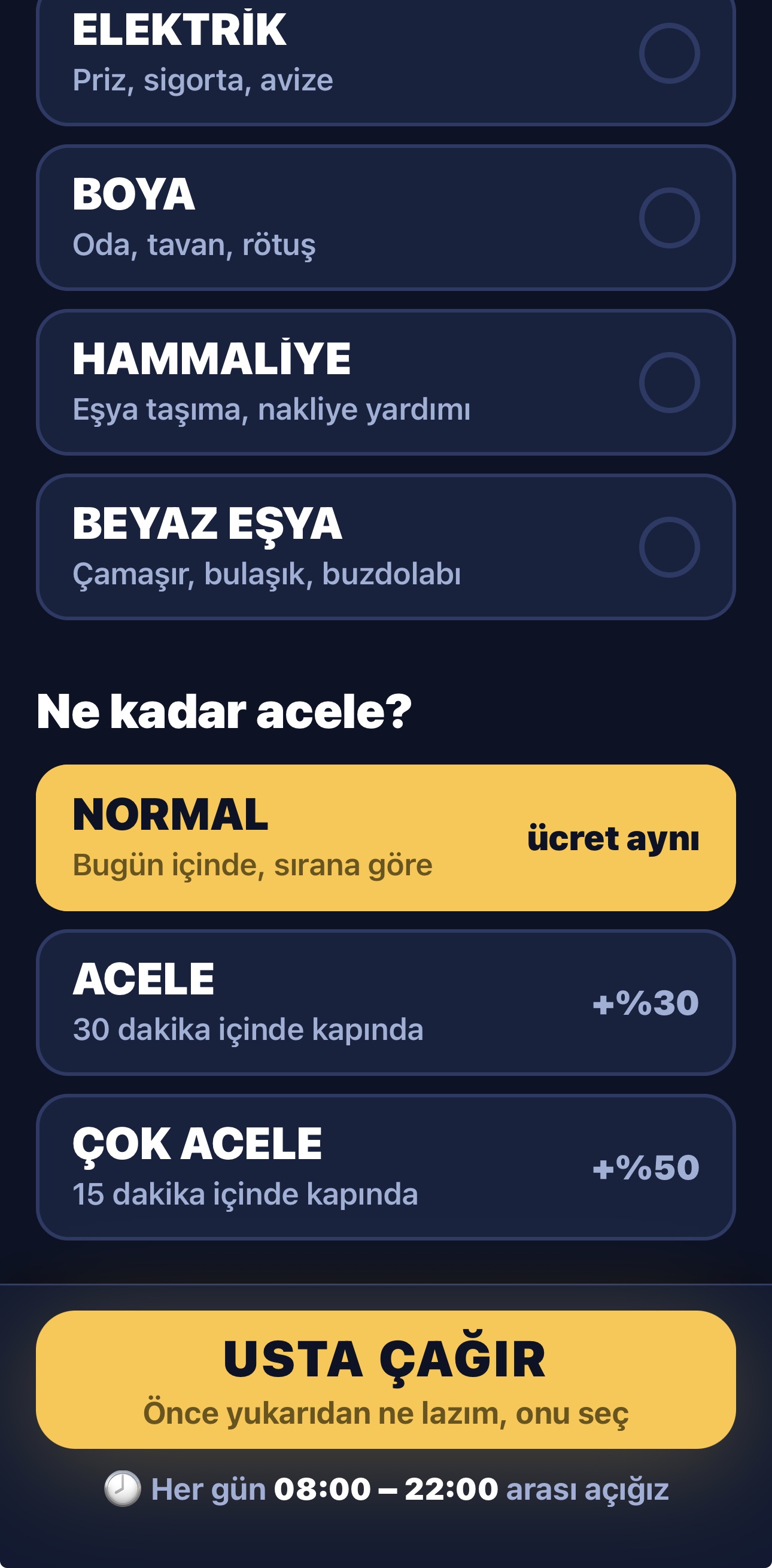 Cumali aciliyet seçme ekranı: Normal, Acele, Çok Acele